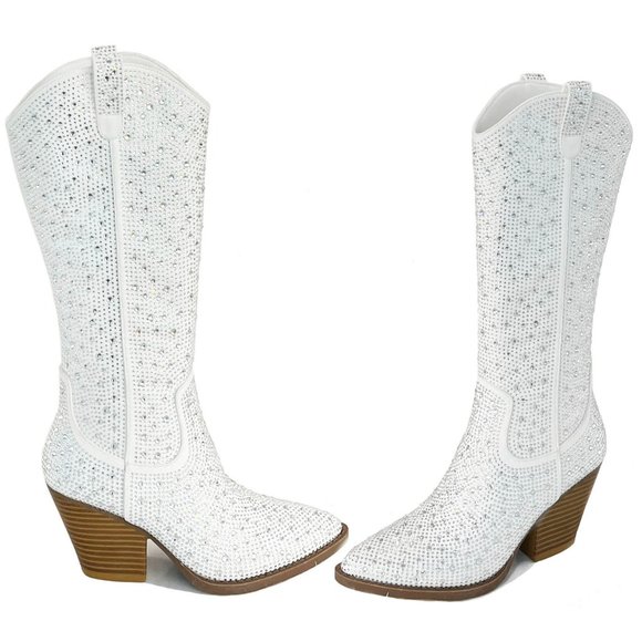 New White Blingy Rhinestone Knee High Cowboy Boots - Picture 1 of 7